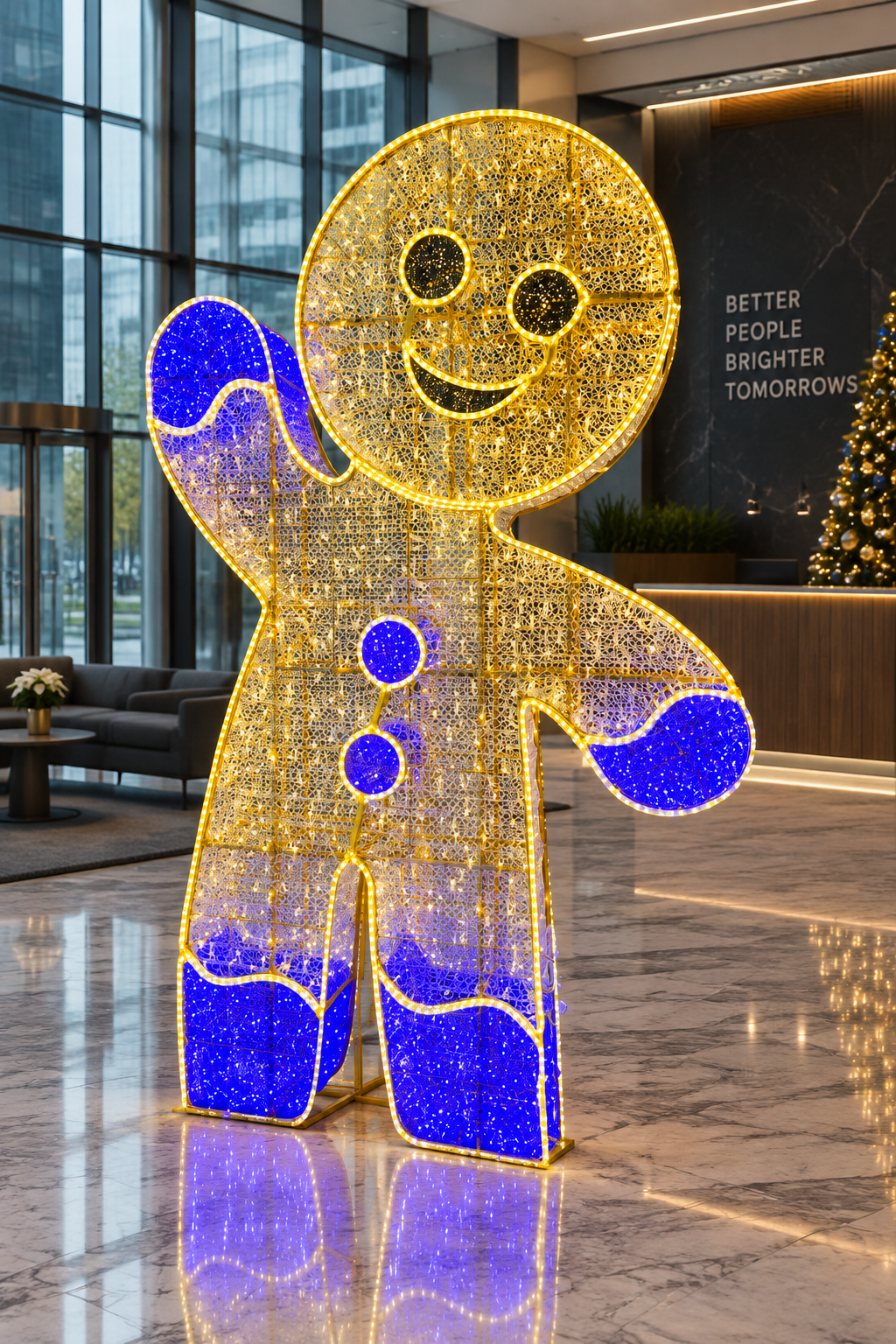 Decorative gingerbread man figure with blue shoes on a white background