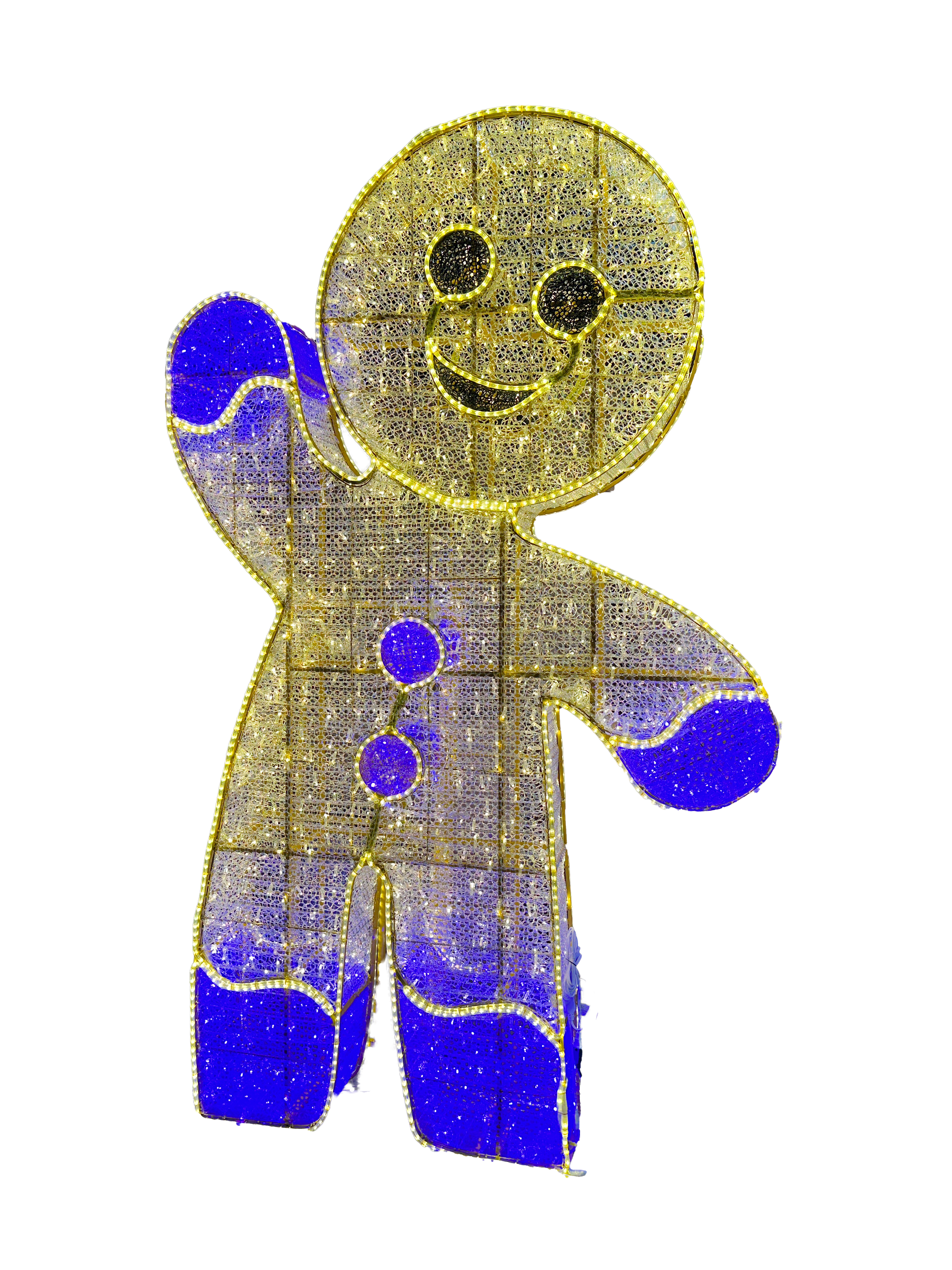 Decorative gingerbread man figure with blue shoes on a white background