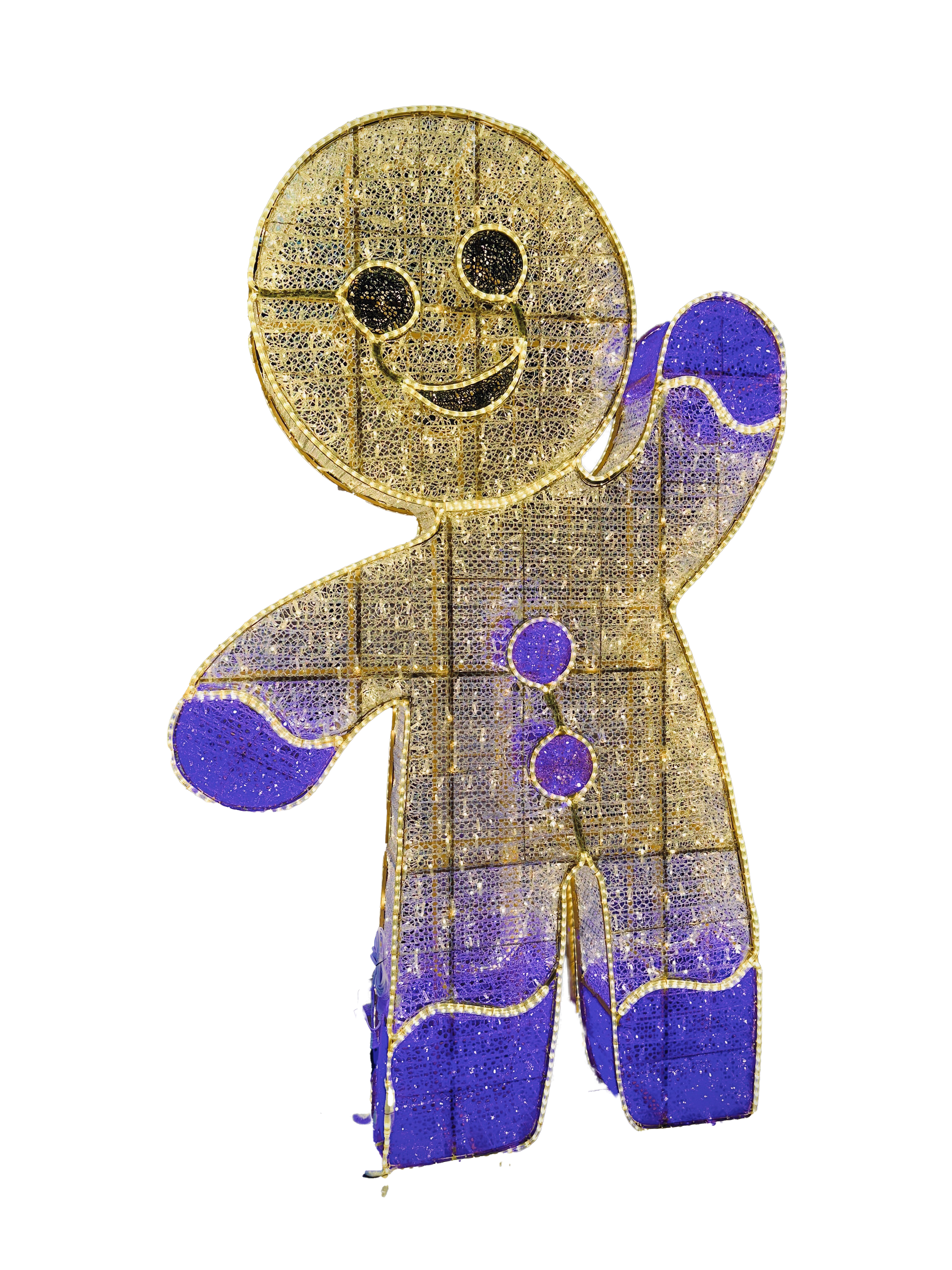 Decorative gingerbread man figure with gold and purple colors on a white background