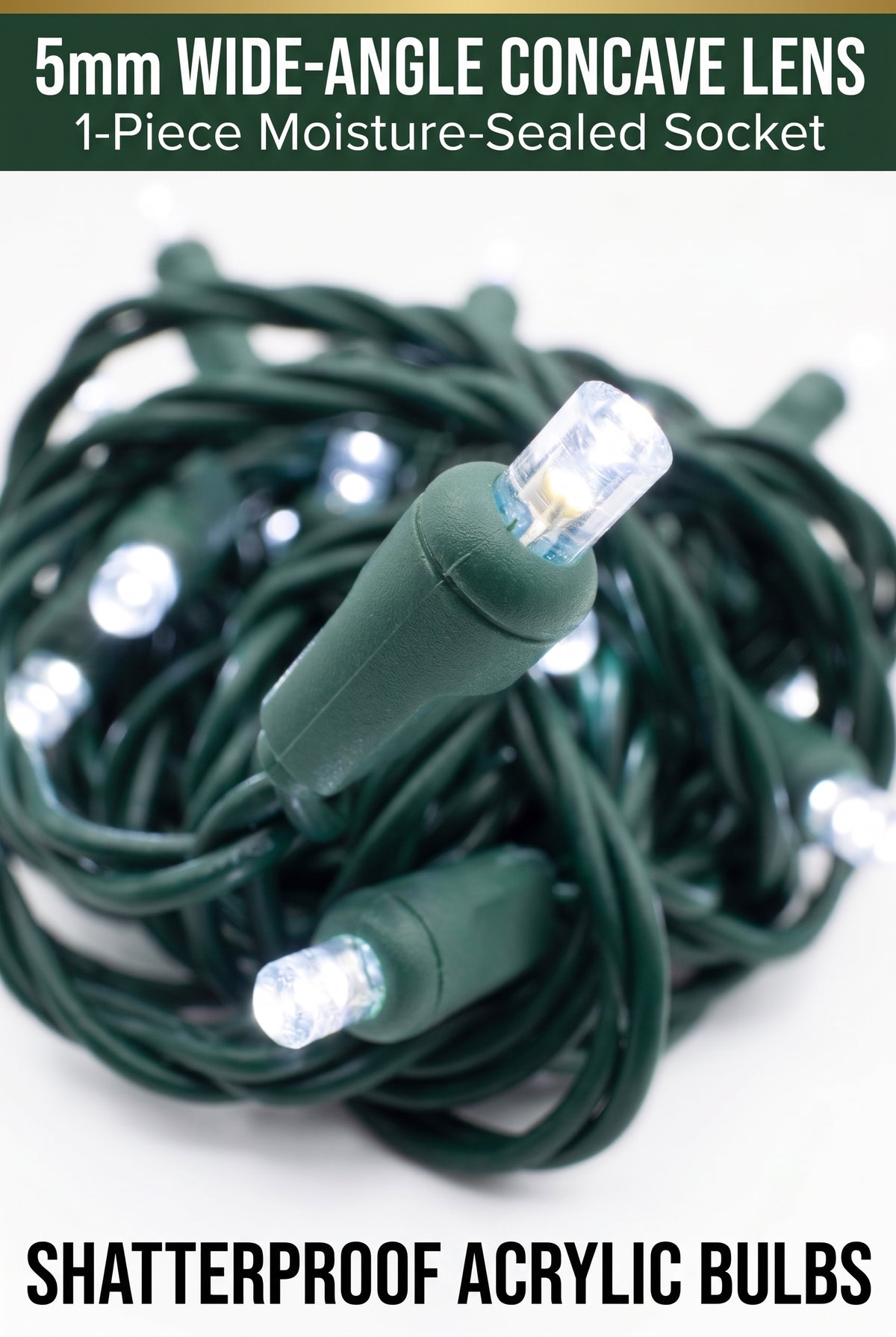 Commercial 5mm LED Christmas Lights - Pure White - Green Wire (Case of 24 | 600 Ft / 1,200 LEDs)