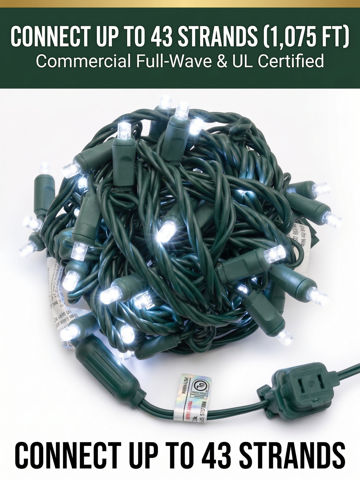 Commercial 5mm LED Christmas Lights - Pure White - Green Wire (Case of 24 | 600 Ft / 1,200 LEDs)