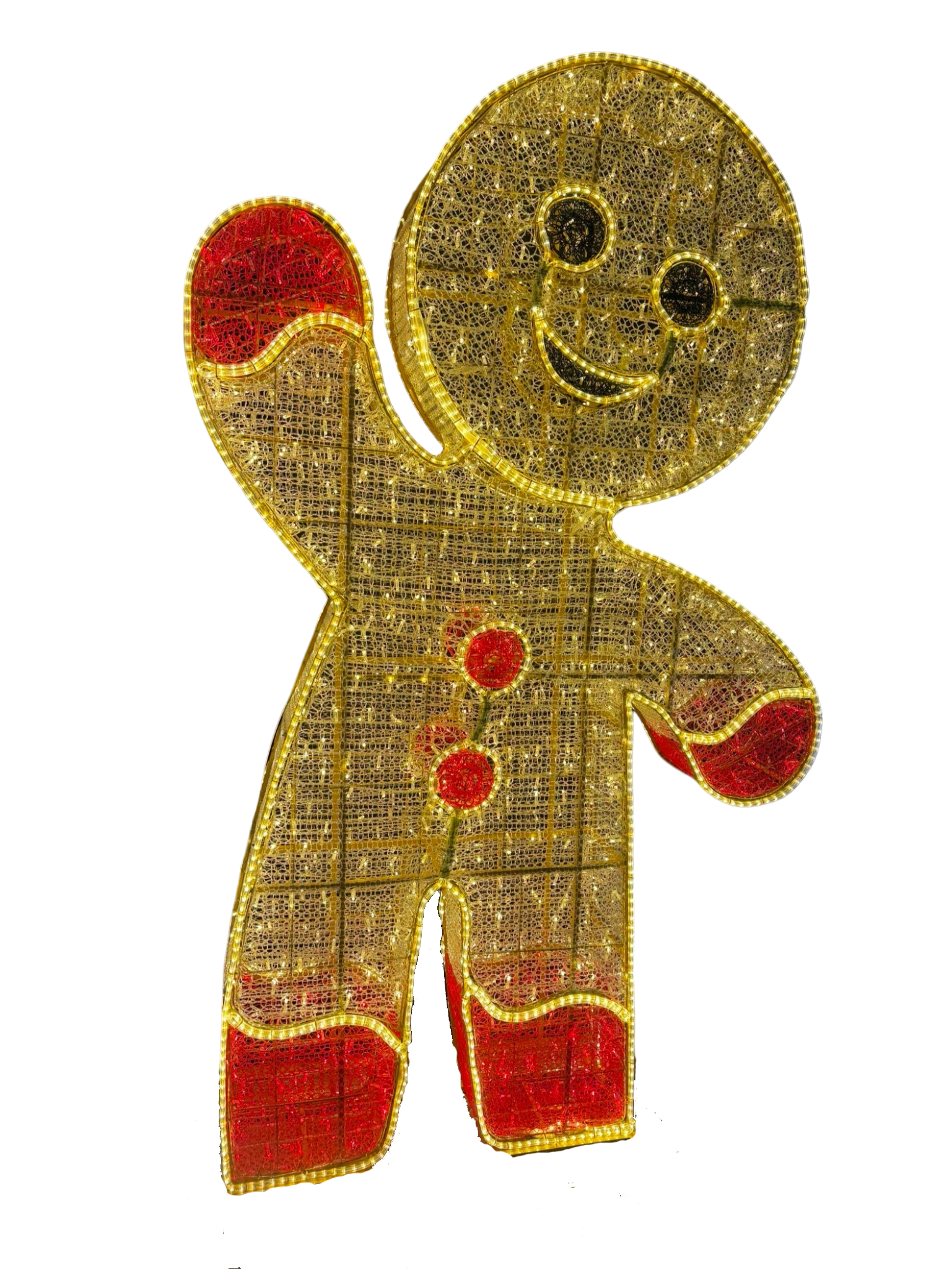 Decorative gingerbread man patch with gold and red colors on a white background