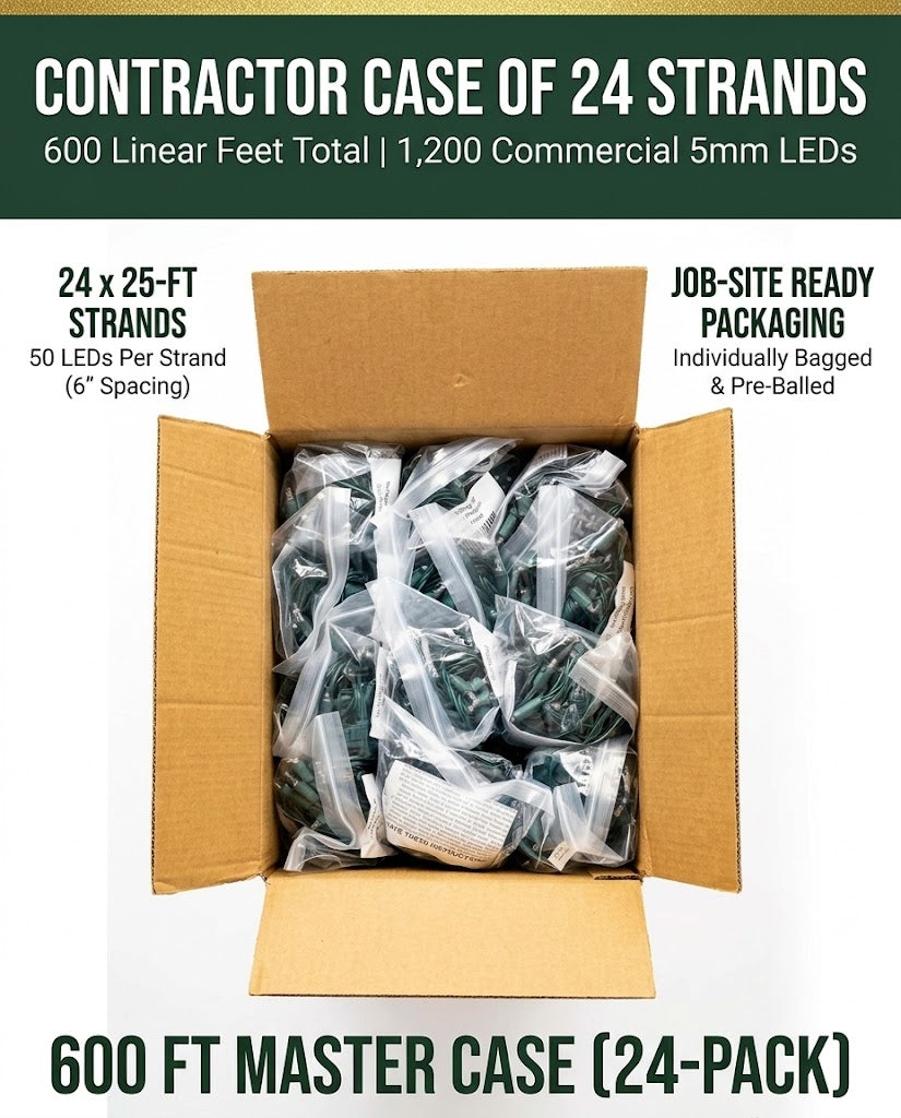 Commercial 5mm LED Christmas Lights - Warm White - Green Wire (Case of 24 | 600 Ft / 1,200 LEDs)