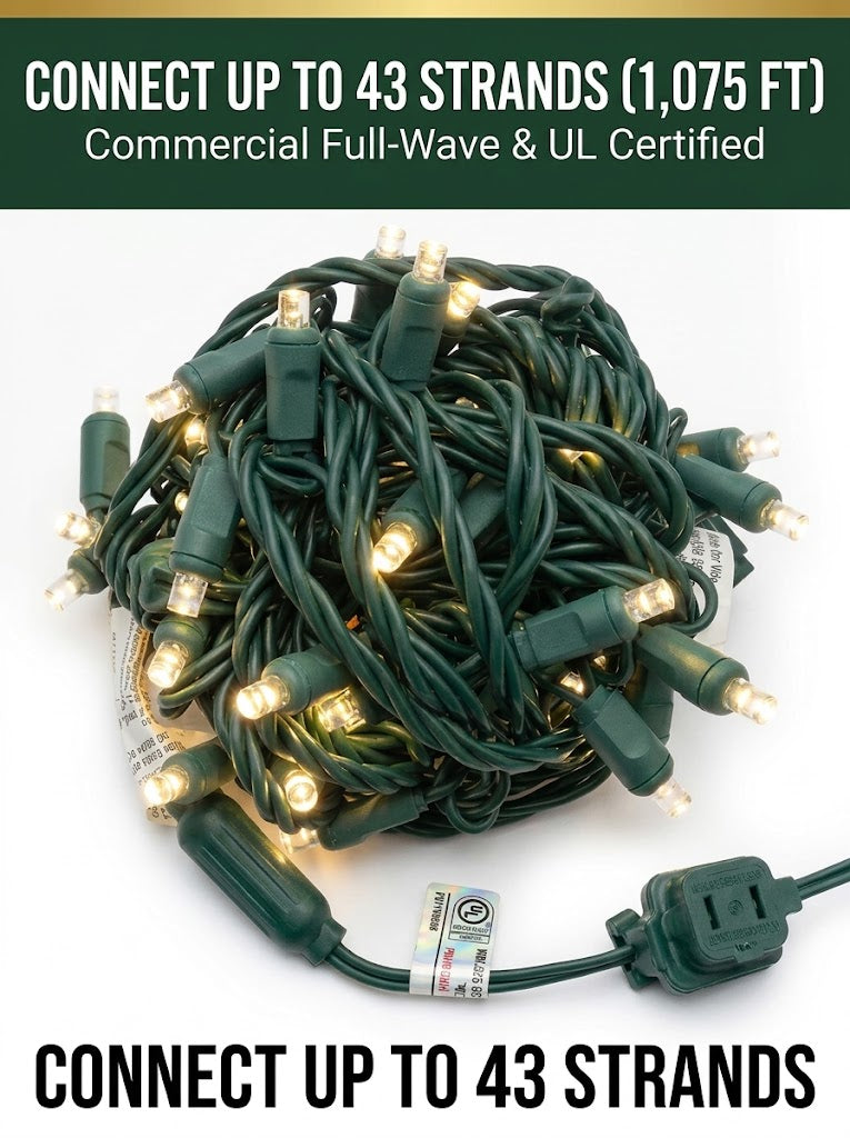 Commercial 5mm LED Christmas Lights - Warm White - Green Wire (Case of 24 | 600 Ft / 1,200 LEDs)